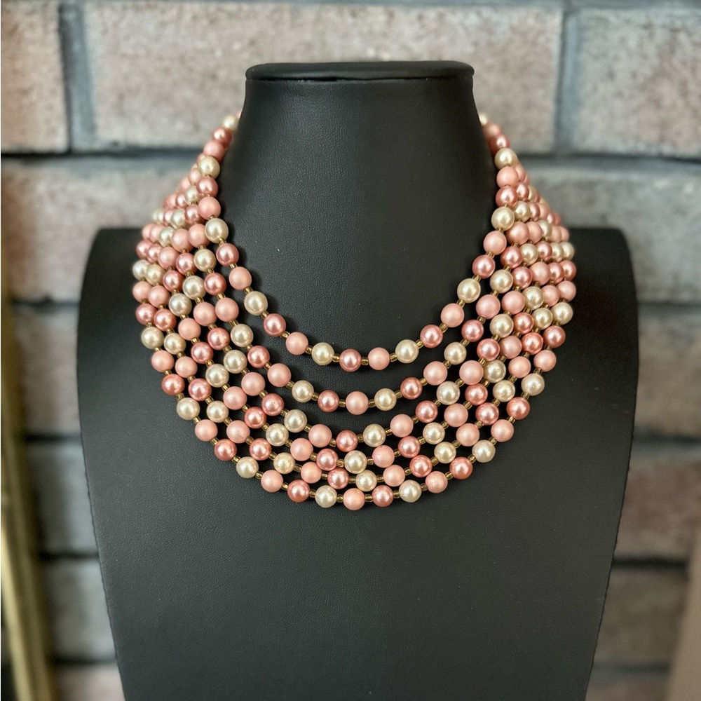 Vintage JAPAN signed 6 strand Elegant Pink and faux Gold Pearl Necklace
